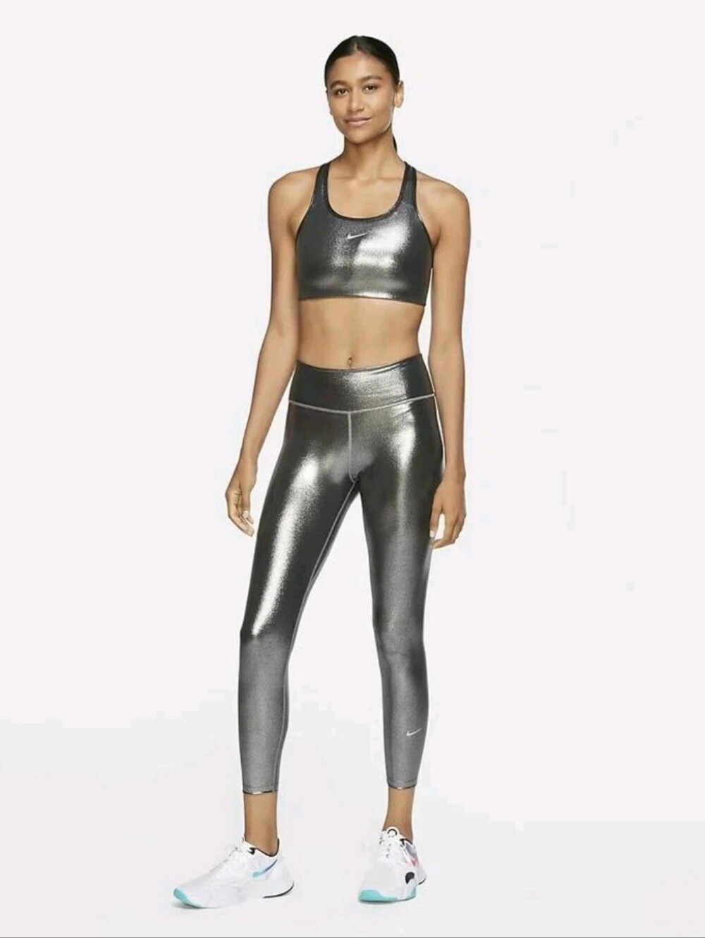 Nike Metallic Performance Women's Mid-rise 7/8 Leggings - Silver Tight Fit Sz. M